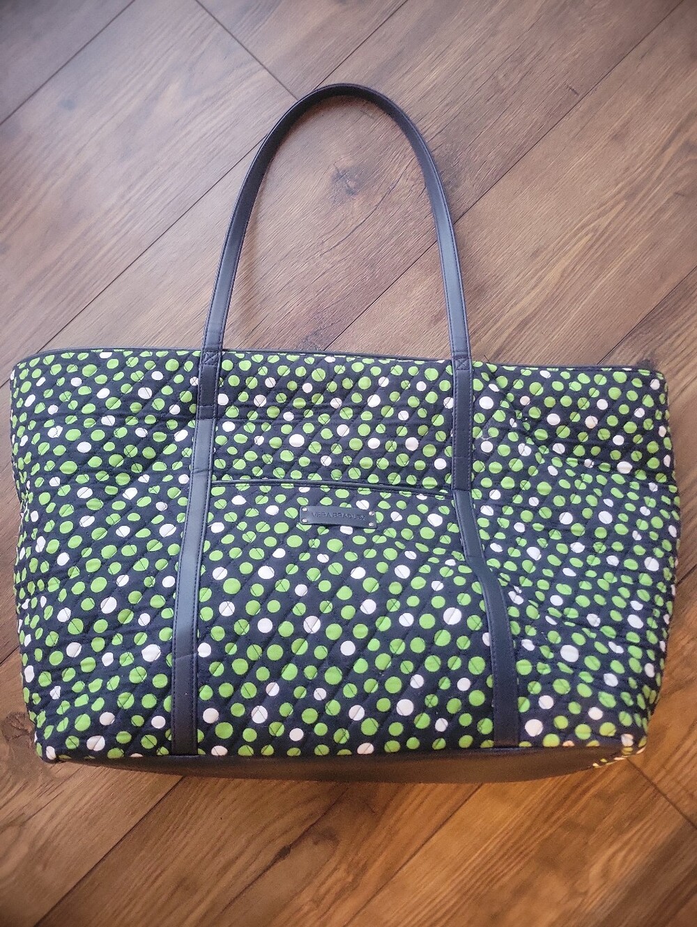 Vera Bradley Lucky Dots Pattern Navy Green & White  XLarge Tote Travel Beach